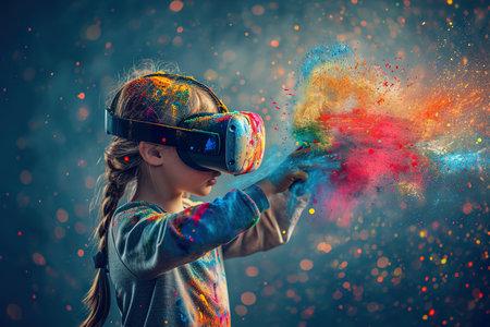 A child artist paints while wearing a virtual reality headset, showing Infographic of imagination.の素材