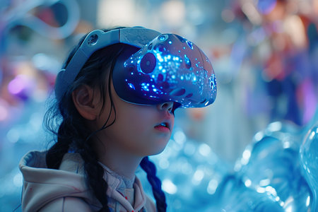A child artist paints while wearing a virtual reality headset, showing Infographic of imagination.の素材