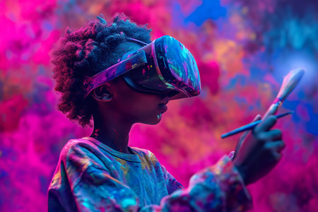 A child artist paints while wearing a virtual reality headset, showing Infographic of imagination.の素材