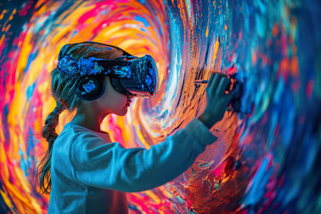 A child artist paints while wearing a virtual reality headset, showing Infographic of imagination.の素材