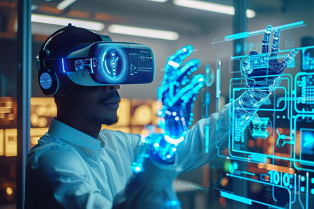 engineer in a virtual reality headset using a controller and a robot arm. generative aiの素材