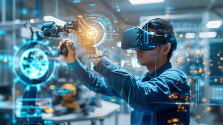 engineer in a virtual reality headset using a controller and a robot arm. generative aiの素材