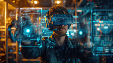 engineer in a virtual reality headset using a controller and a robot arm. generative aiの素材