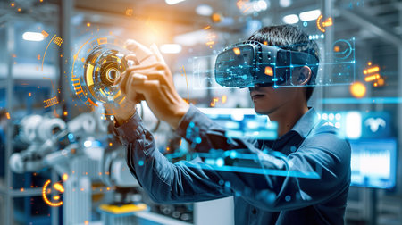 engineer in a virtual reality headset using a controller and a robot arm. generative aiの素材