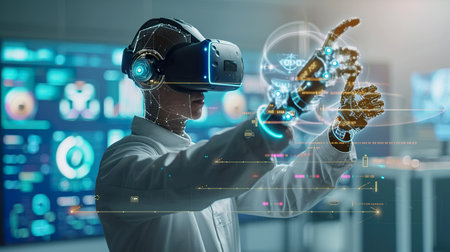 engineer in a virtual reality headset using a controller and a robot arm. generative aiの素材