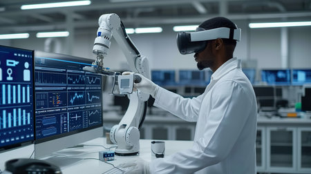 engineer in a virtual reality headset using a controller and a robot arm. generative aiの素材