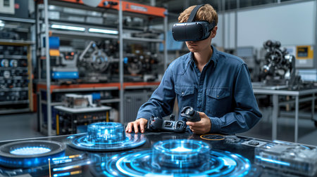 engineer in a virtual reality headset using a controller and a robot arm. generative aiの素材