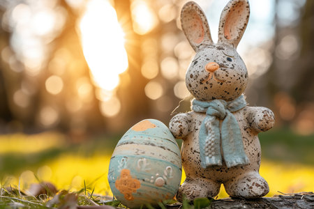 mockup easter egg and chubby cute bunny on green meadow. generative aiの素材