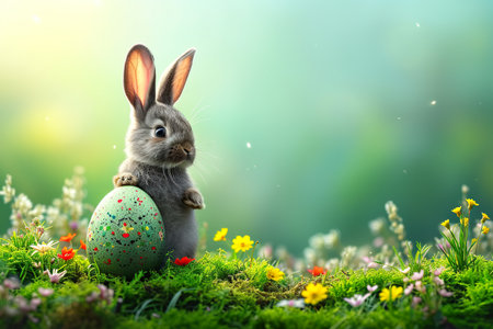 mockup easter egg and chubby cute bunny on green meadow. generative aiの素材