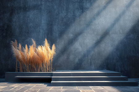 Wooden bench against grey wall and staircase, interior design of modern. generative aiの素材