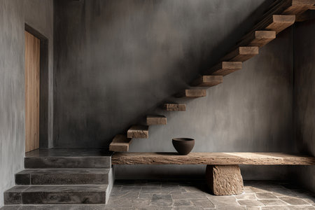 Wooden bench against grey wall and staircase, interior design of modern. generative aiの素材