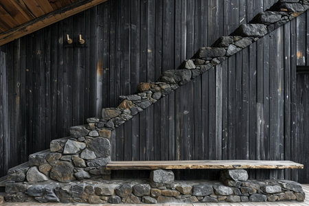 Wooden bench against grey wall and staircase, interior design of modern. generative aiの素材