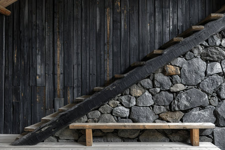 Wooden bench against grey wall and staircase, interior design of modern. generative aiの素材