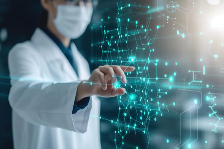 View of a Doctor touching molecule structure. generative aiの素材