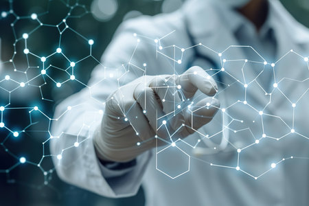 View of a Doctor touching molecule structure. generative aiの素材