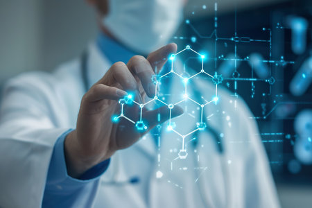 View of a Doctor touching molecule structure. generative aiの素材