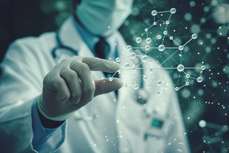 View of a Doctor touching molecule structure. generative aiの素材