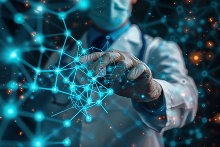 View of a Doctor touching molecule structure. generative aiの素材