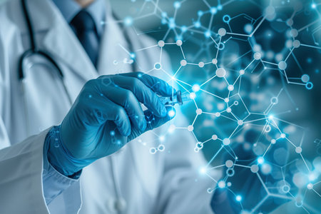 View of a Doctor touching molecule structure. generative aiの素材