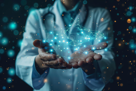 View of a Doctor touching molecule structure. generative aiの素材