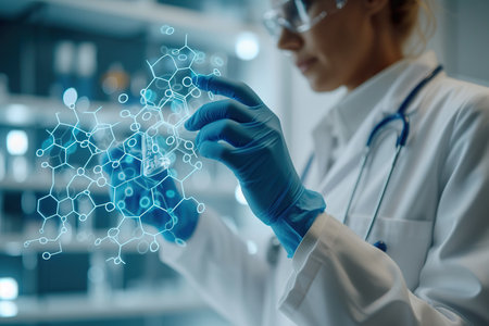 View of a Doctor touching molecule structure. generative aiの素材