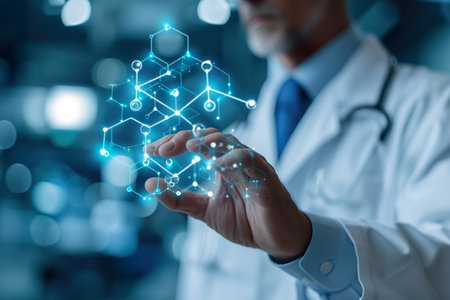 View of a Doctor touching molecule structure. generative aiの素材