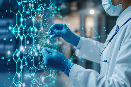 View of a Doctor touching molecule structure. generative aiの素材