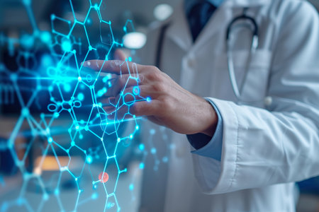 View of a Doctor touching molecule structure. generative aiの素材