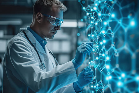 View of a Doctor touching molecule structure. generative aiの素材