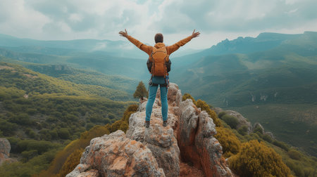 A man with  hand up jumping on the top of the mountain. generative aiの素材