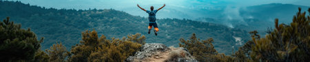 A man with  hand up jumping on the top of the mountain. generative aiの素材