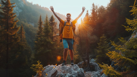A man with  hand up jumping on the top of the mountain. generative aiの素材