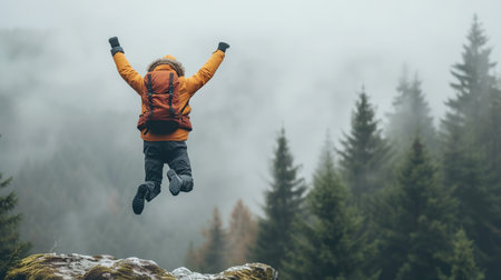 A man with  hand up jumping on the top of the mountain. generative aiの素材