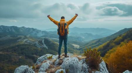A man with  hand up jumping on the top of the mountain. generative aiの素材