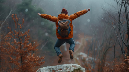 A man with  hand up jumping on the top of the mountain. generative aiの素材