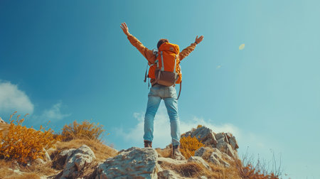 A man with  hand up jumping on the top of the mountain. generative aiの素材