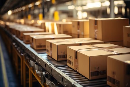 Box packages on conveyor belt. generative aiの素材