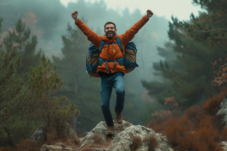 A man with  hand up jumping on the top of the mountain. generative aiの素材