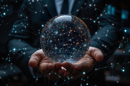 Interface networks connect sphere on hand. generative aiの素材