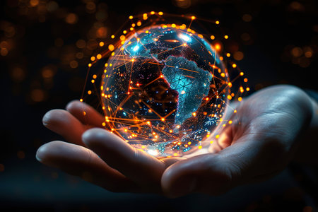 Interface networks connect sphere on hand. generative aiの素材