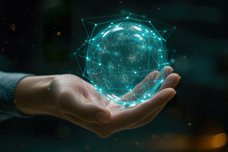 Interface networks connect sphere on hand. generative aiの素材