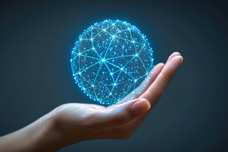Interface networks connect sphere on hand. generative aiの素材