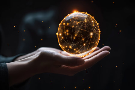 Interface networks connect sphere on hand. generative aiの素材