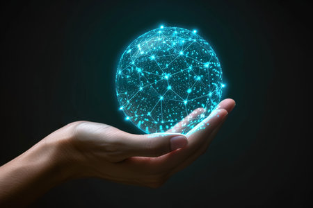 Interface networks connect sphere on hand. generative aiの素材