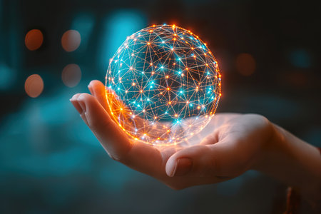 Interface networks connect sphere on hand. generative aiの素材