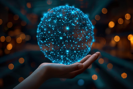 Interface networks connect sphere on hand. generative aiの素材