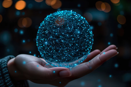 Interface networks connect sphere on hand. generative aiの素材