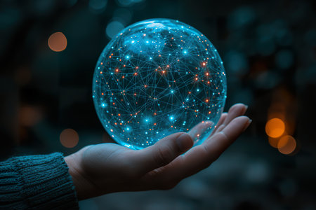 Interface networks connect sphere on hand. generative aiの素材