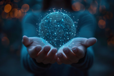 Interface networks connect sphere on hand. generative aiの素材