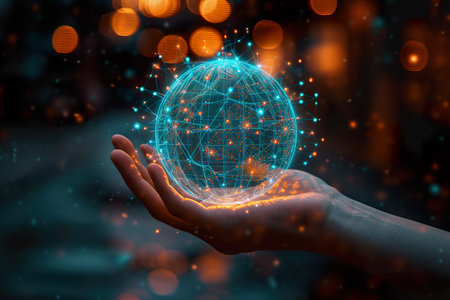Interface networks connect sphere on hand. generative aiの素材
